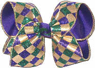 Large Purple Green Glitter and Metallic Gold Jester Print over Purple Double Layer Overlay Bow